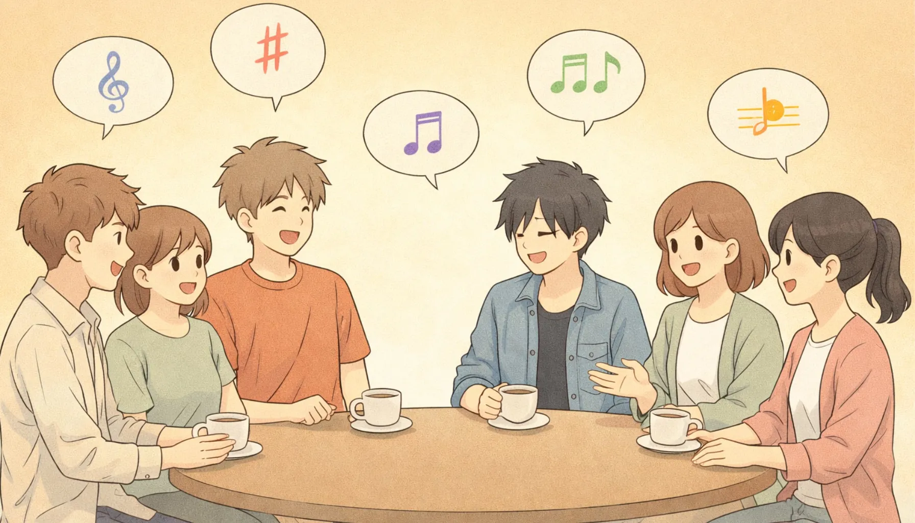 テーブルを囲んで話す人たちのイラスト